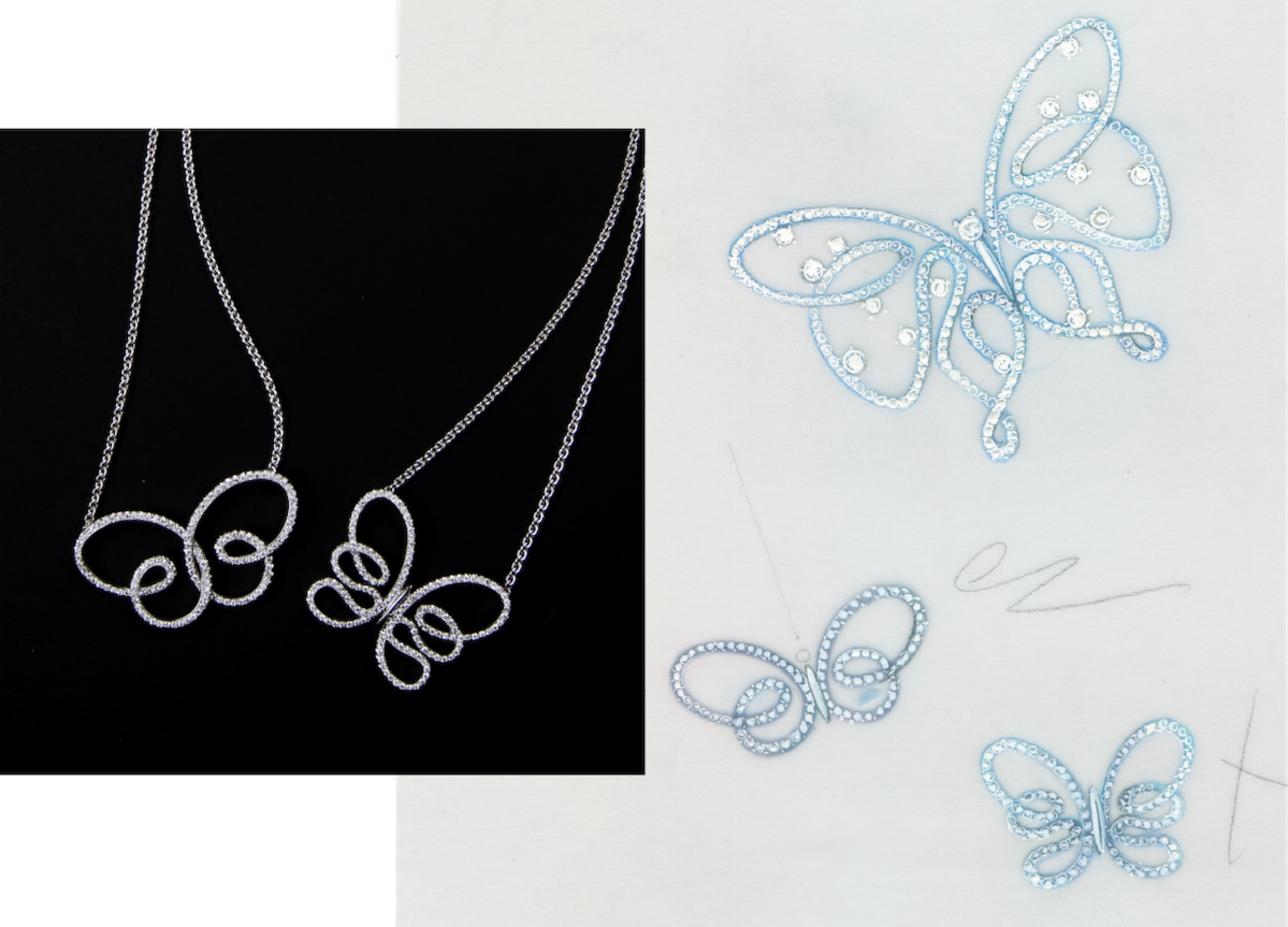 Collana in oro bianco a forma di farfalla accanto agli schizzi di progettazione originali