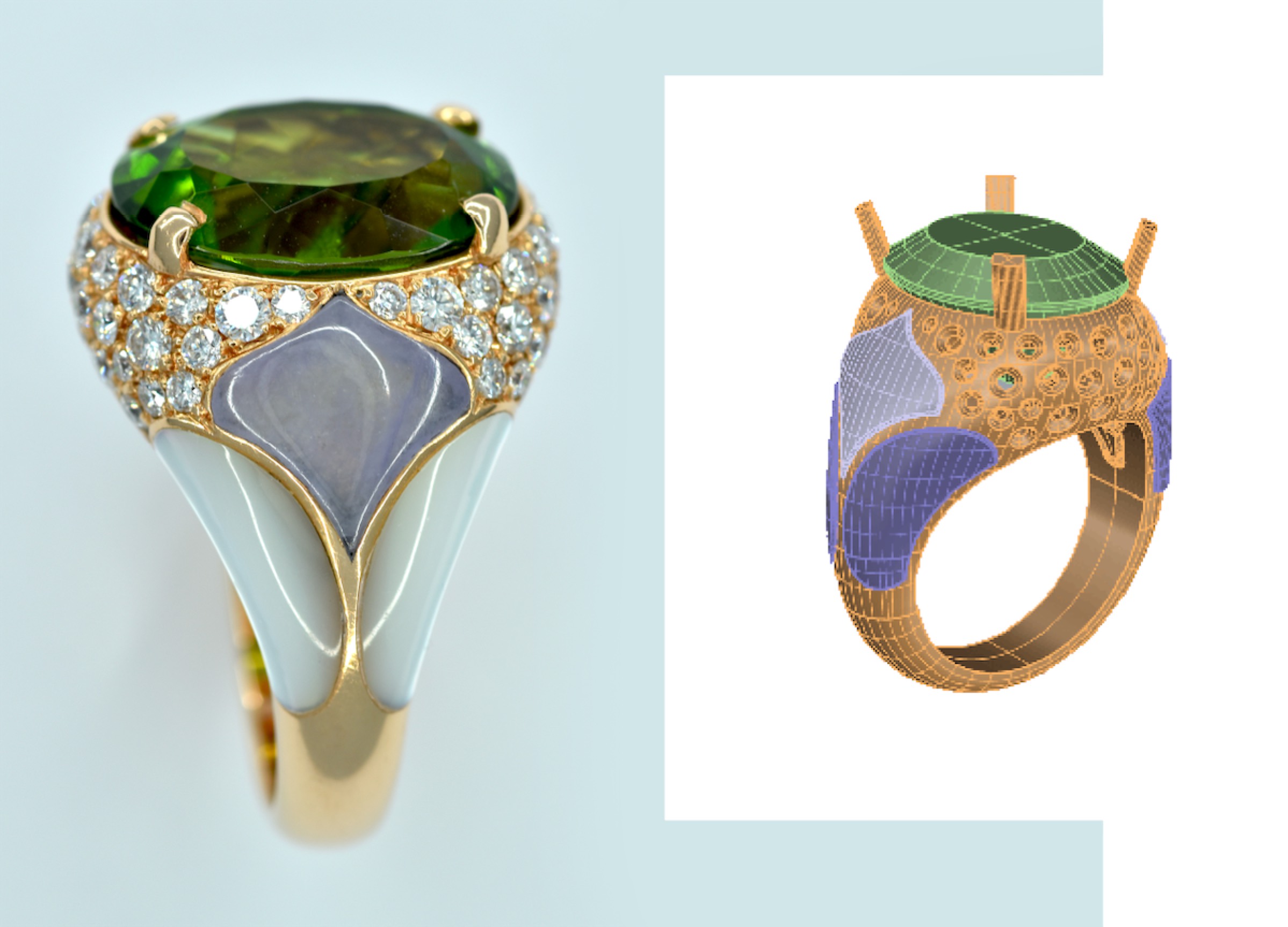 Anello con tormalina verde e calcedonio a confronto con il rendering 3D del progetto