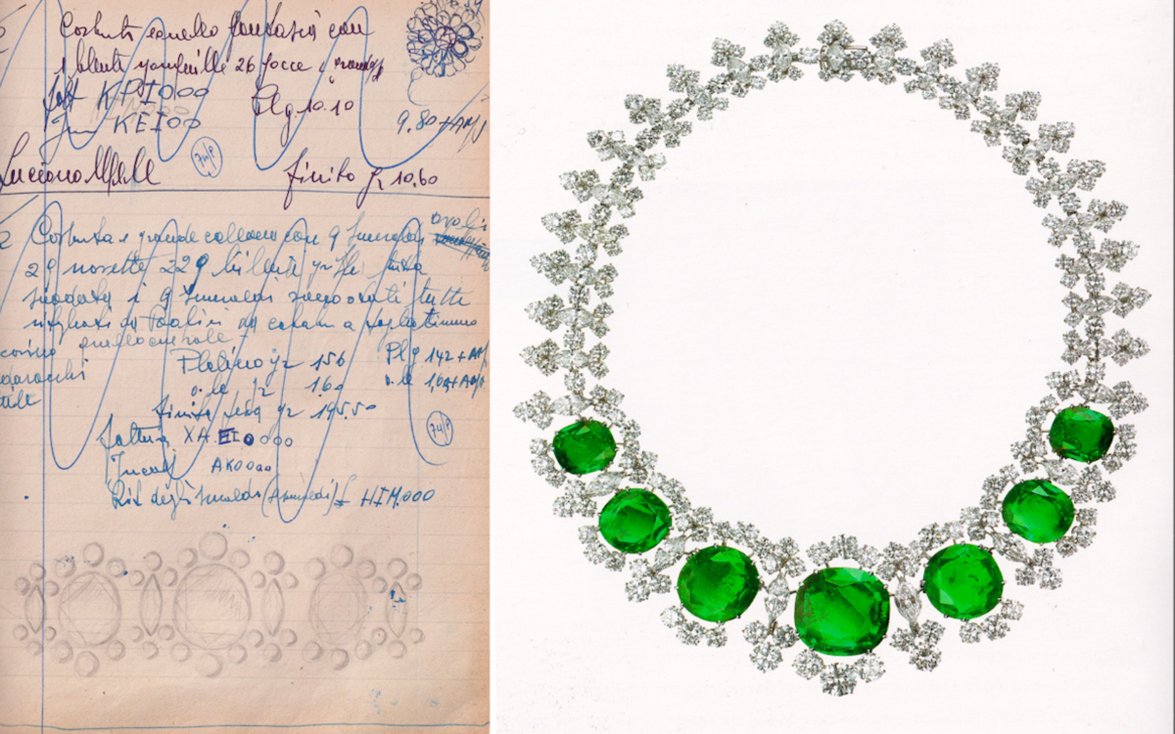 Collana in platino con sette smeraldi colombiani e diamanti realizzata per Bulgari